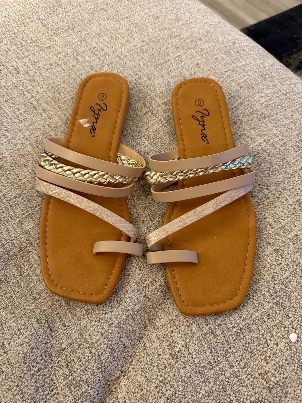 Taupe Braided Strap Slide Sandals with Metallic Accent